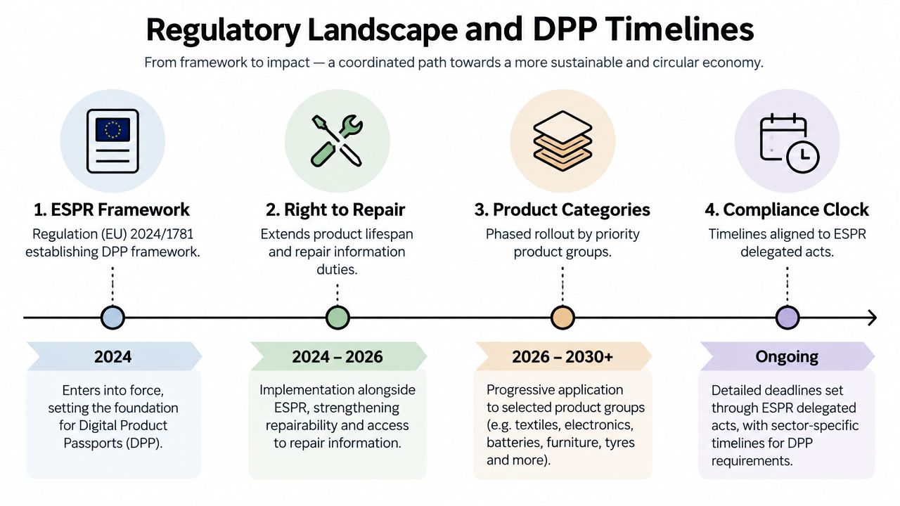 A timeline chart illustrating the regulatory landscape for Digital Product Passports and sustainability compliance under EU regulations.