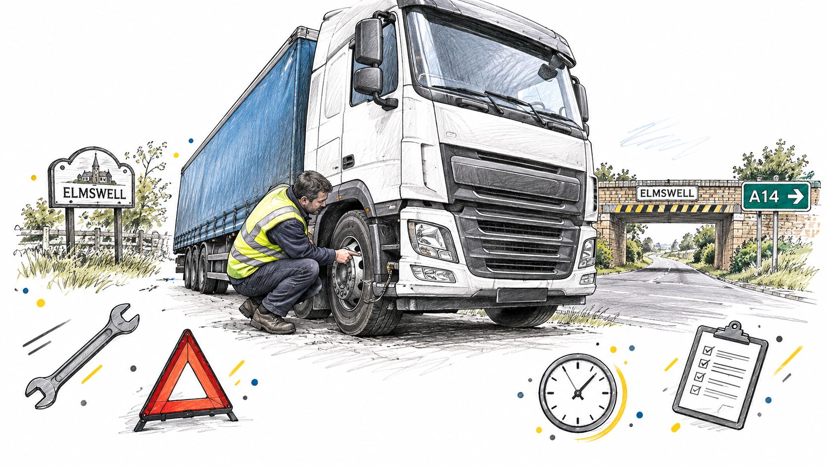A truck driver inspects a HGV tire on the roadside near Elmswell signage with maintenance icons visible.