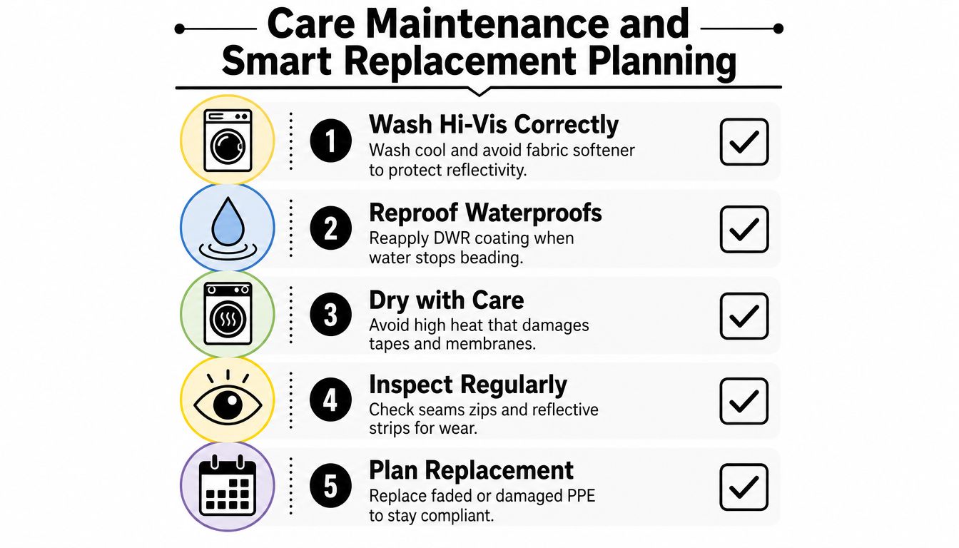 A five-step infographic showing best practices for maintaining high-visibility workwear and planning for equipment replacement.