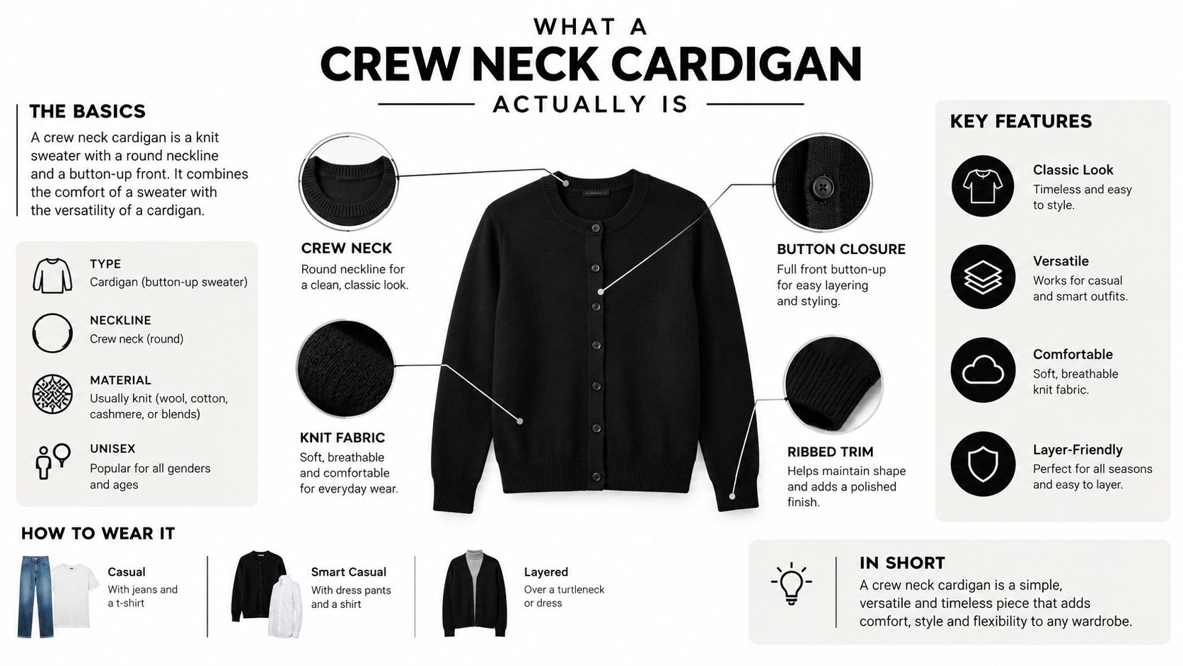 A visual guide explaining the features, definition, and styling options for a classic black crew neck cardigan.