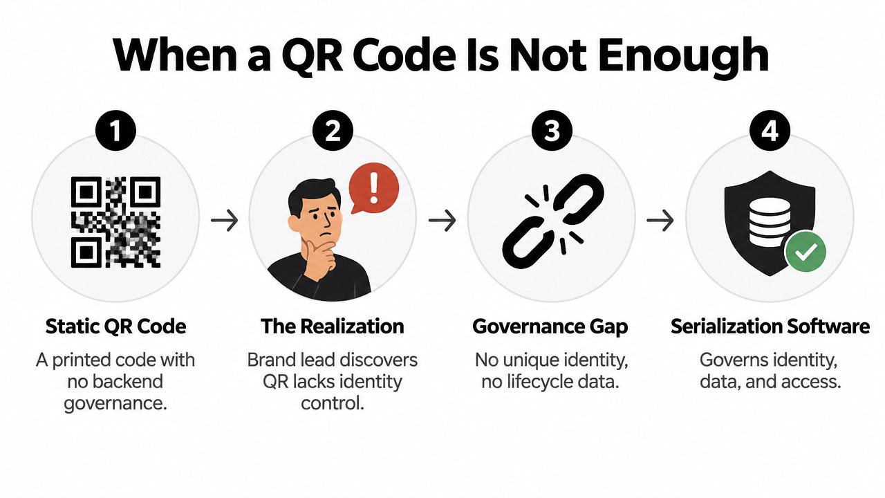 A diagram illustrating the transition from basic static QR codes to advanced product serialization software solutions.