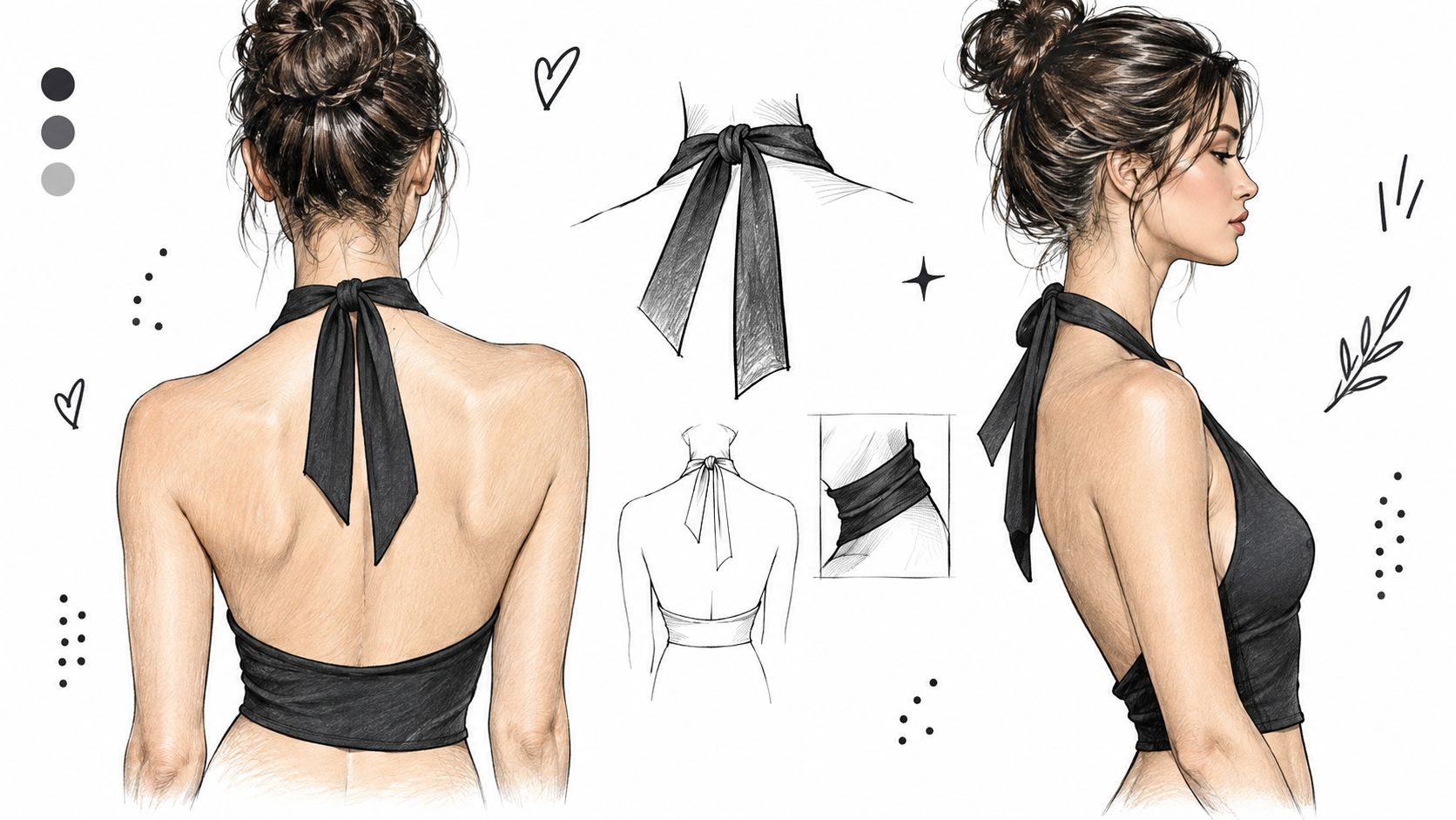 A fashion illustration of a woman wearing a black halter neck top from back and side views.