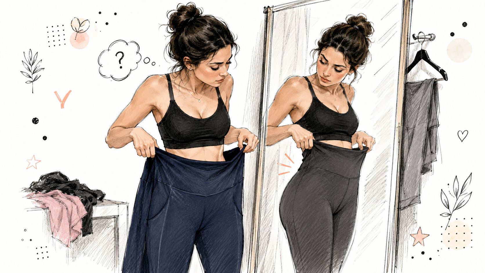 A woman looks at herself in a mirror while holding up oversized yoga trousers in a dressing room.