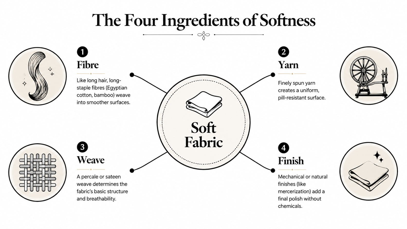 An infographic titled The Four Ingredients of Softness detailing fibre, yarn, weave, and finish for fabrics.