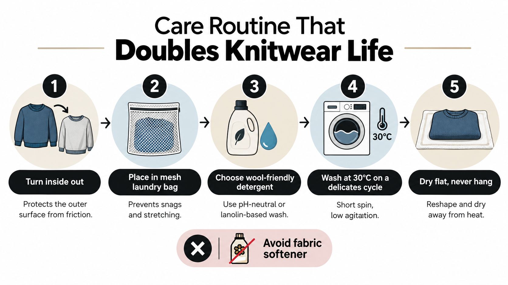 A five-step infographic showing how to care for knitwear, including washing, drying, and preventing fabric damage.