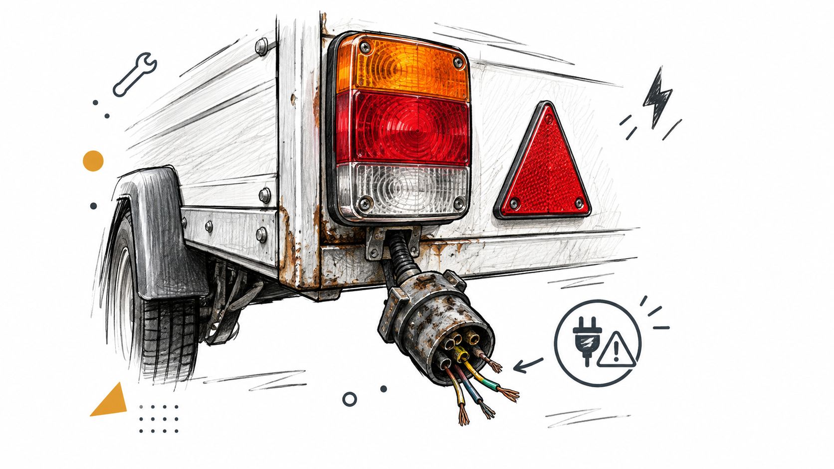 A sketched illustration of a trailer rear light with damaged exposed electrical wiring and a warning icon.