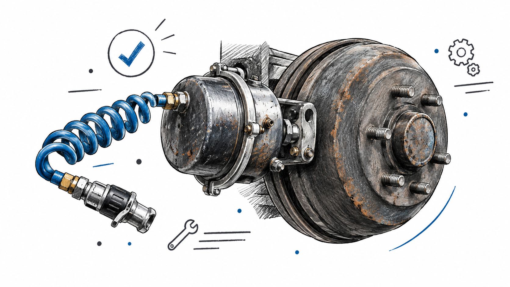 A detailed illustration of a truck brake chamber and drum assembly with a connected blue air hose.