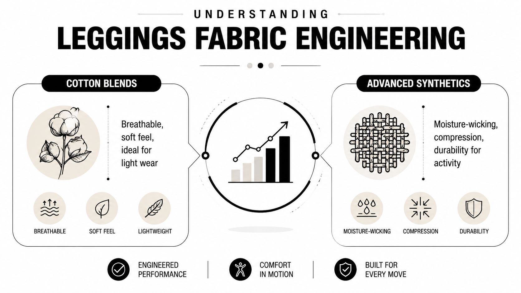 An infographic comparing cotton blend versus synthetic fabric characteristics for women's leggings, highlighting comfort and performance features.