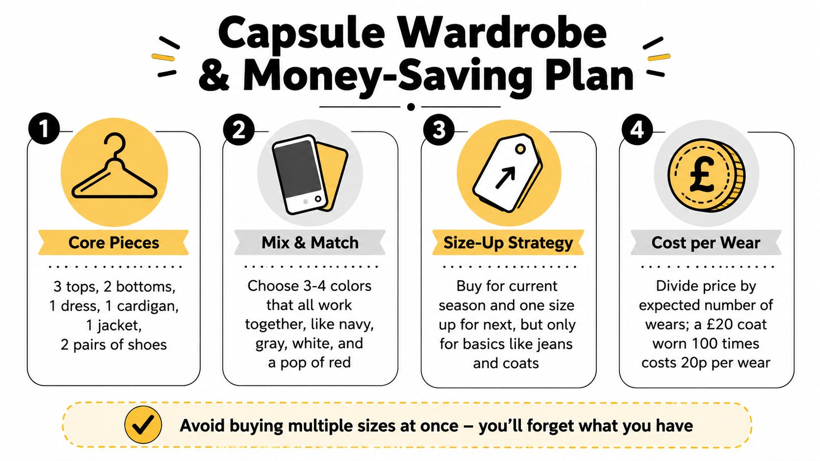An infographic detailing a four-step capsule wardrobe and money-saving plan for organizing children's clothing.