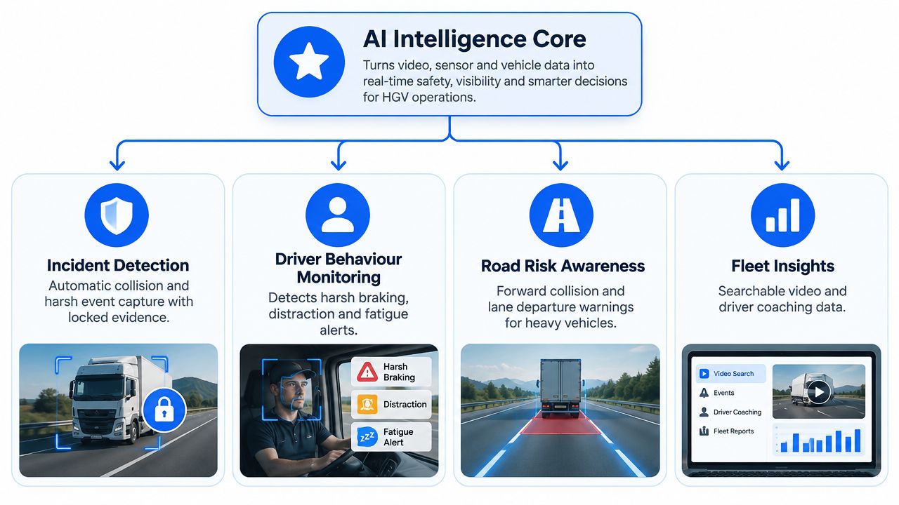 A diagram illustrating an AI intelligence core platform for HGV fleet safety, driver monitoring, and road risk awareness.