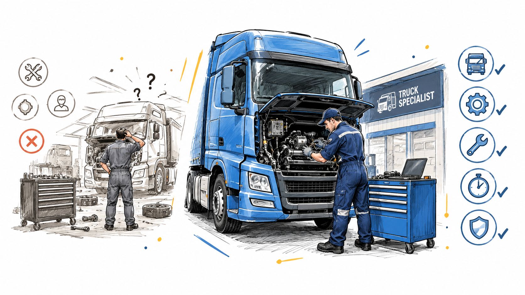 A professional mechanic performing expert repairs on a blue lorry at a specialized truck maintenance shop.