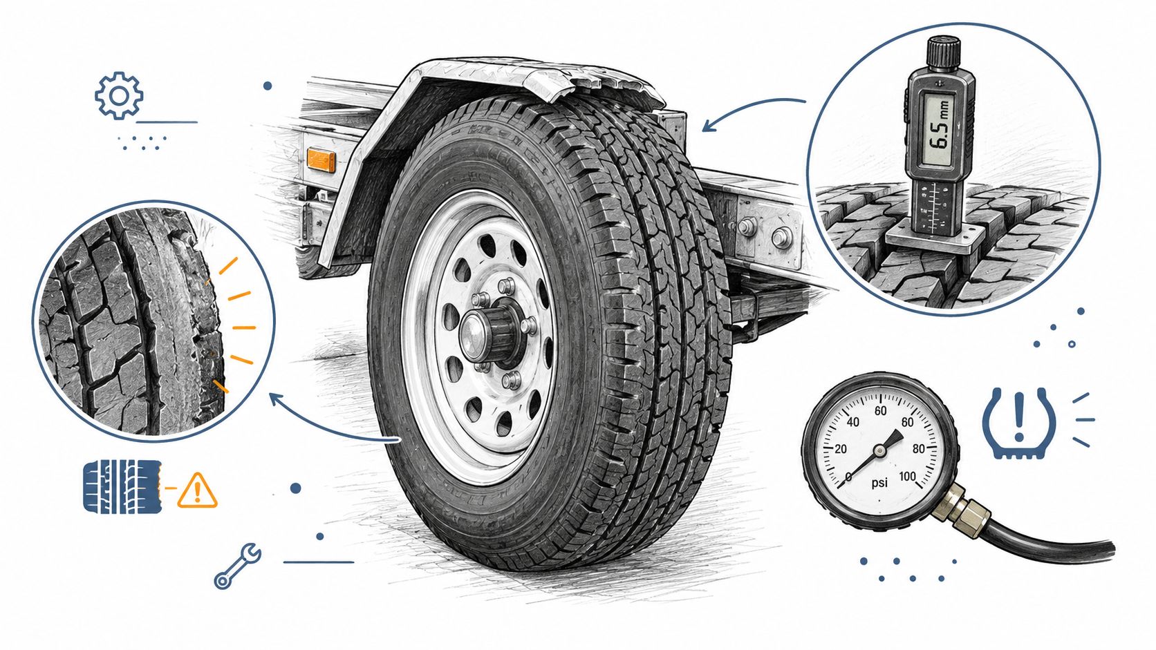An illustration showing a trailer wheel being inspected with a tire pressure gauge and tread depth tool.