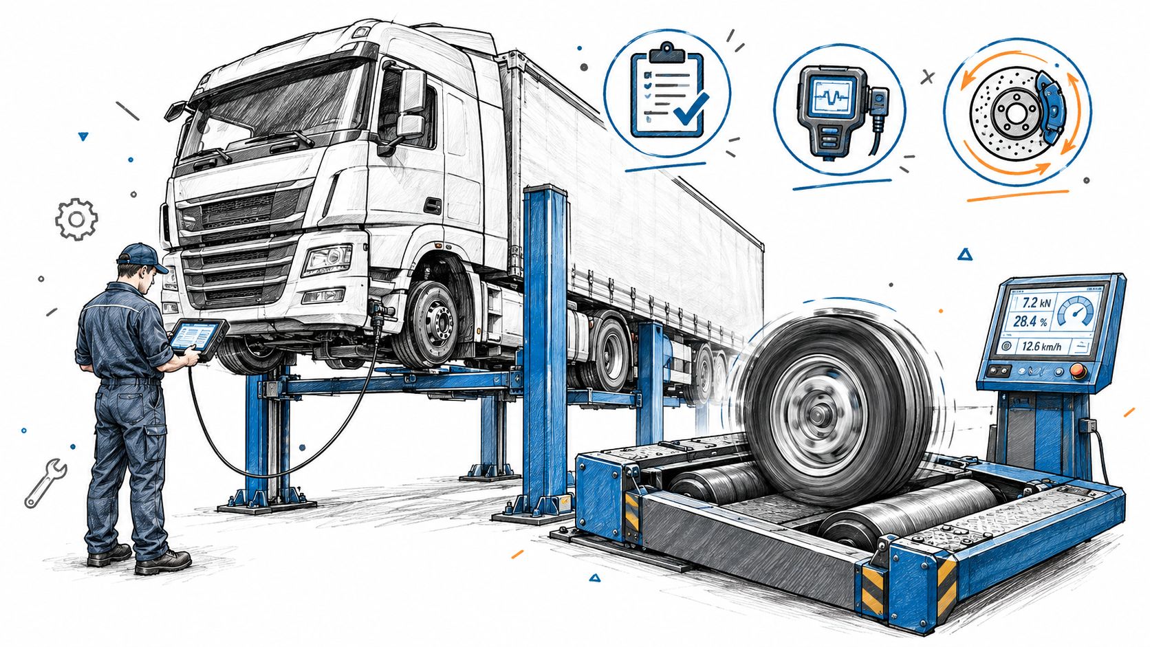 A technician performing a professional brake test on a heavy goods vehicle using diagnostic equipment in a workshop.