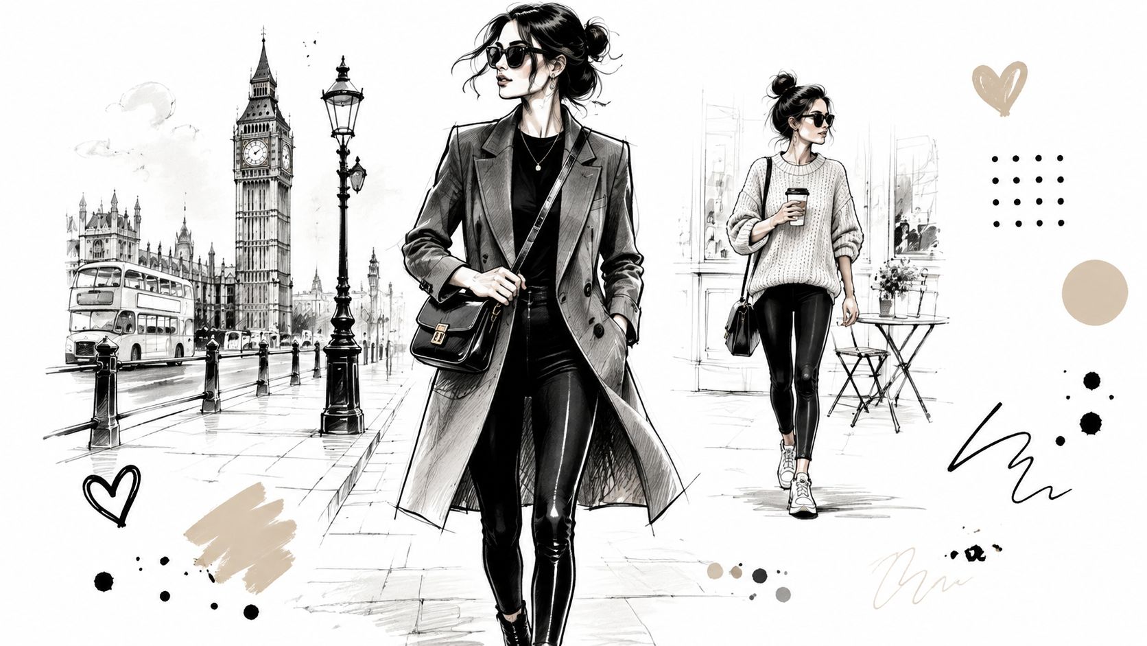 A stylish fashion illustration featuring two women wearing black leggings in a scenic London street setting.