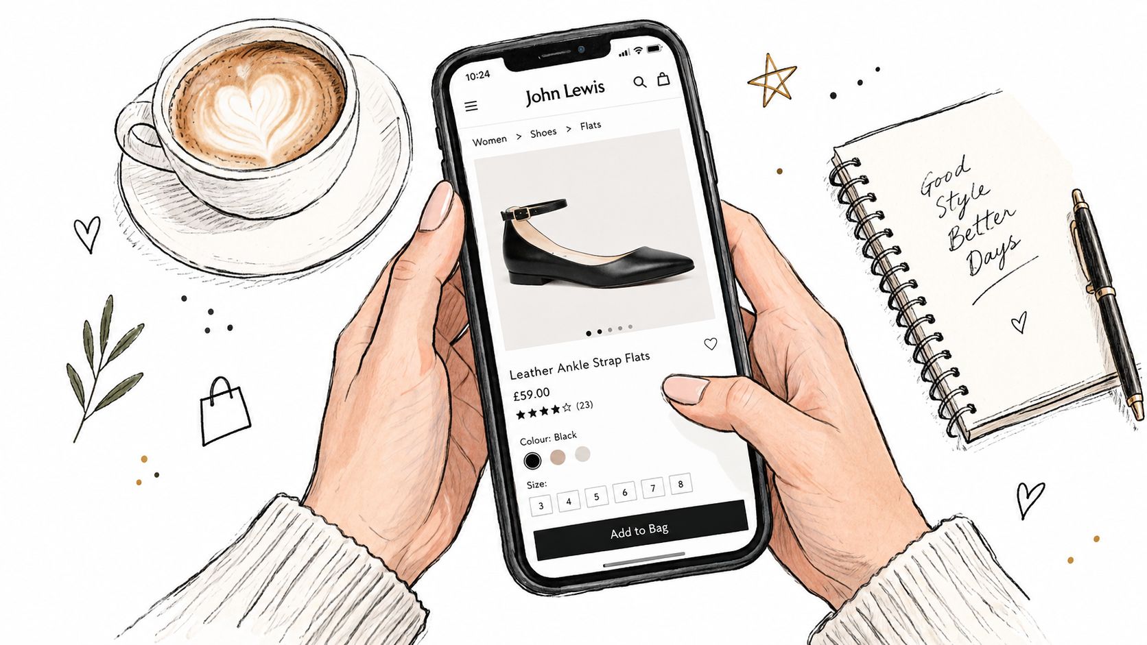 A person holding a smartphone showing a product page for black leather ankle strap flat shoes.