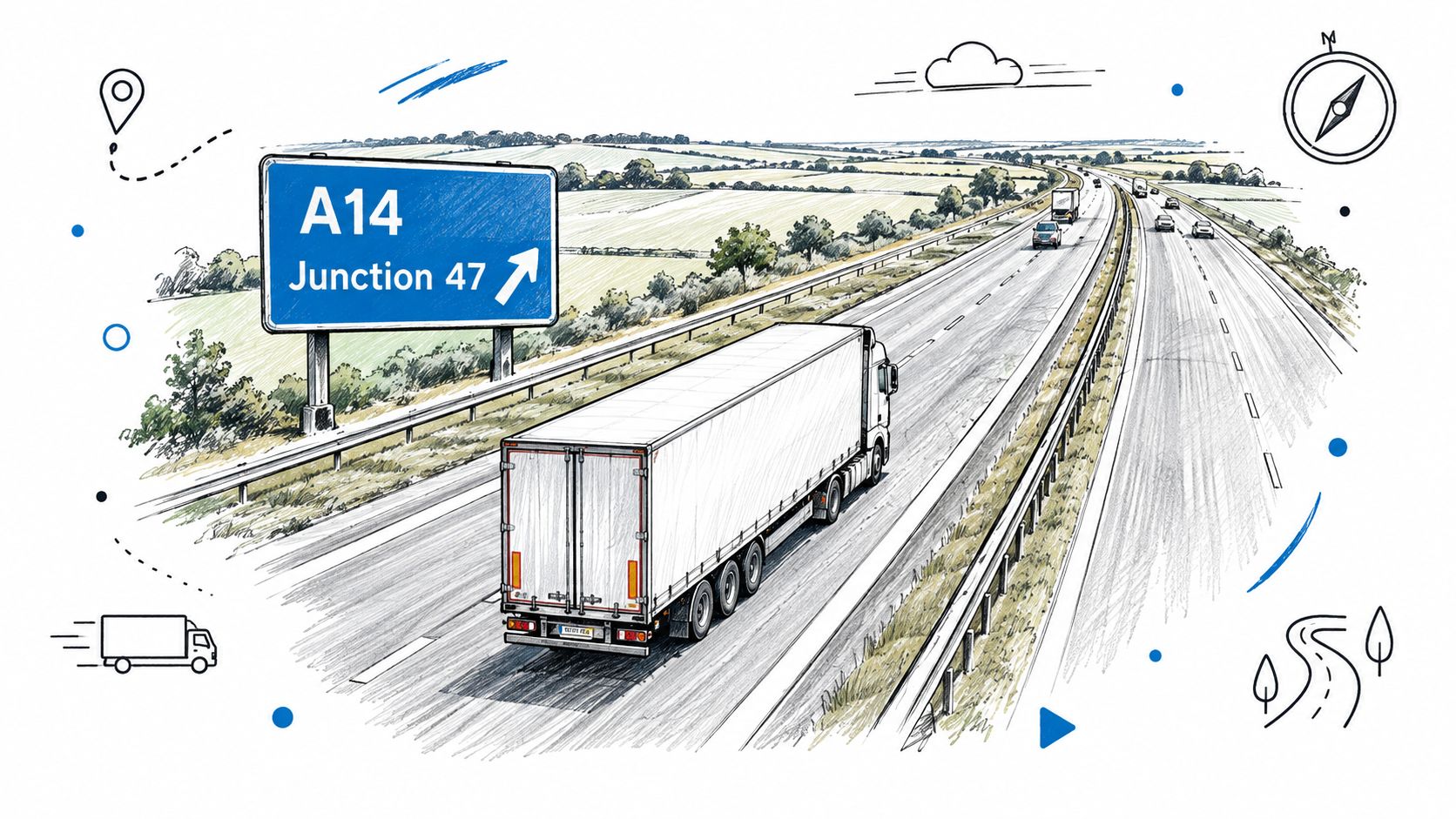 A white semi-truck driving on a highway with an A14 Junction 47 sign in the background