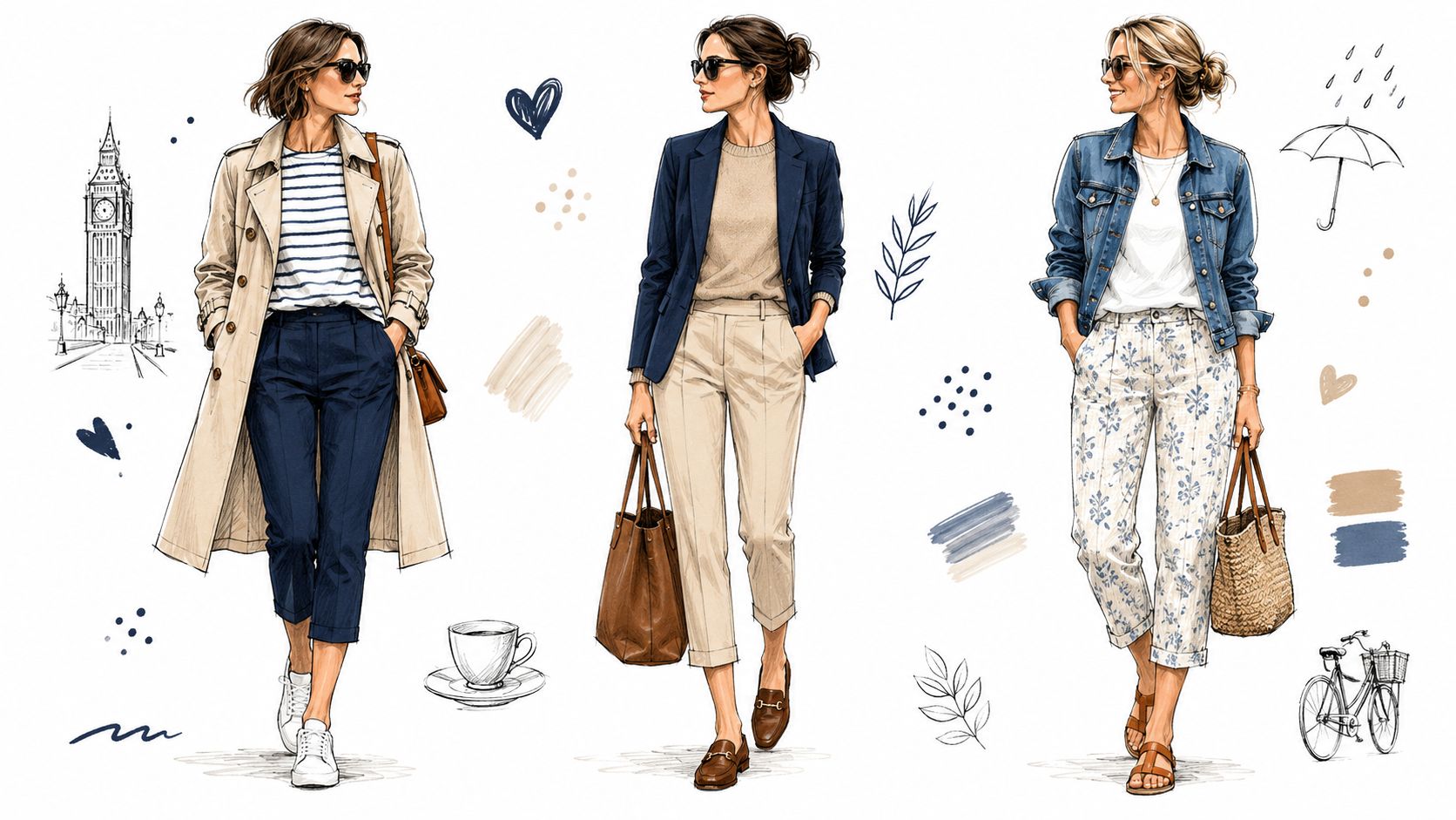 Three stylish women wearing different outfits featuring capri trousers and casual accessories in a sketch illustration.