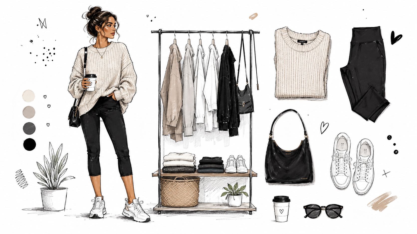 A fashion illustration featuring a woman in a sweater and cropped leggings alongside a clothing rack.
