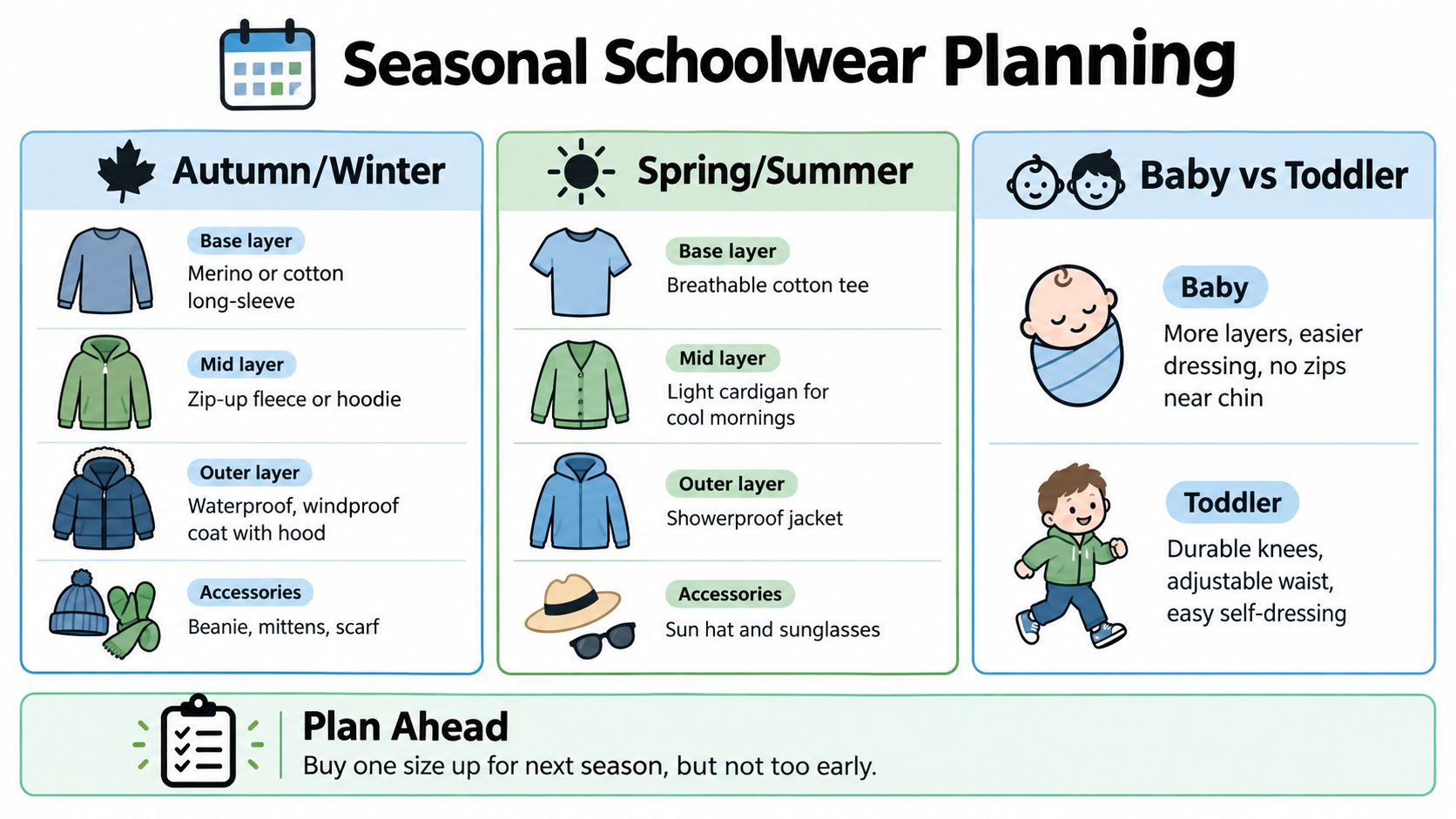 A seasonal schoolwear clothing guide showing layering advice for autumn, winter, spring, summer, babies, and toddlers.