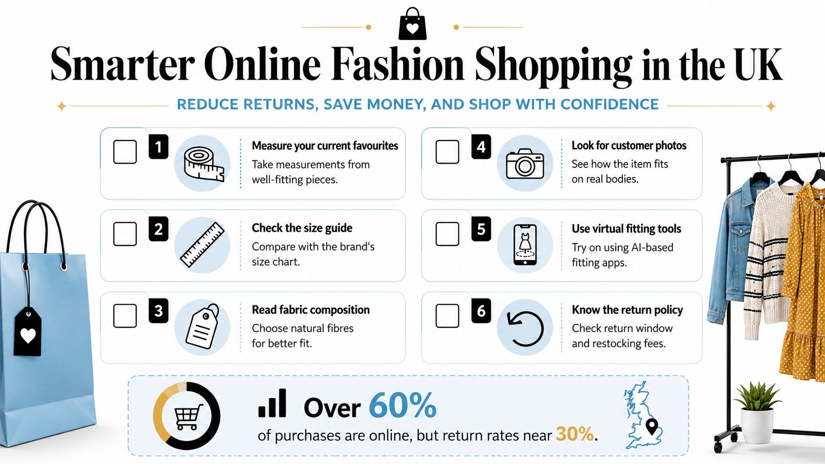 A guide illustrating six steps for smarter online fashion shopping in the UK to reduce returns.