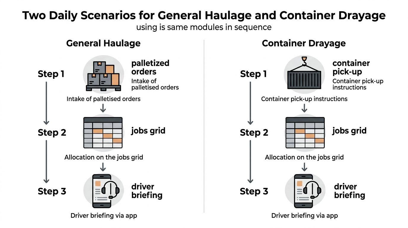 A diagram comparing the workflow steps for general haulage and container drayage processes in logistics management.