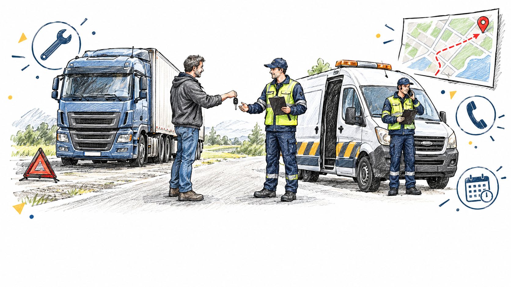 A truck driver handing keys to a road assistance technician beside a broken-down HGV and service van.