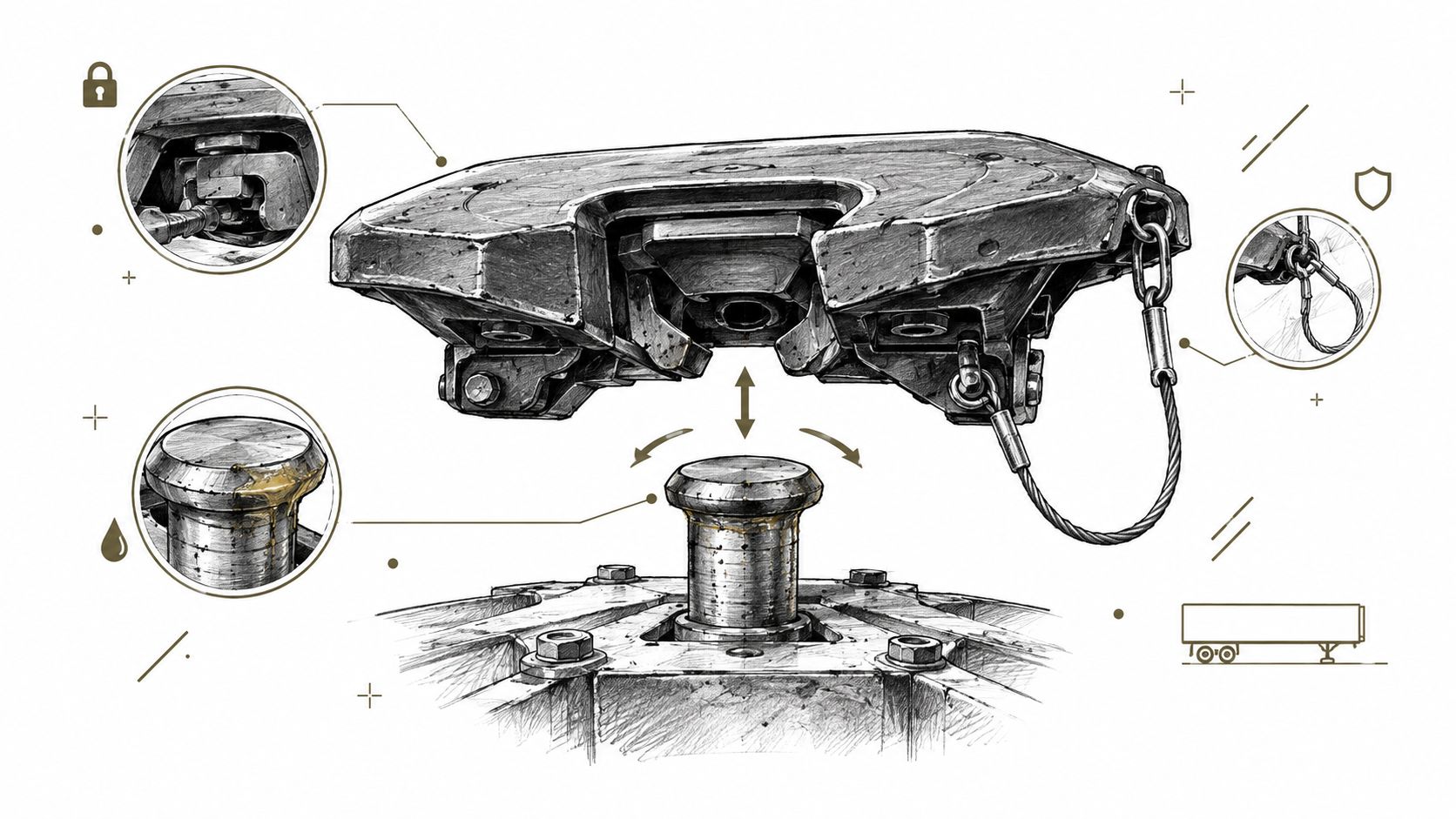 A detailed technical illustration of a semi-truck fifth wheel coupling mechanism showing how it connects to a trailer.