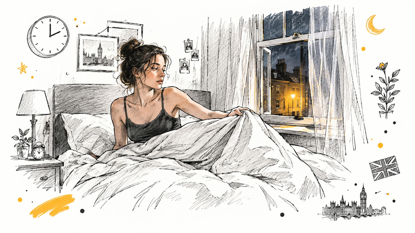 A woman wakes up in bed looking out her bedroom window at a cityscape at night.