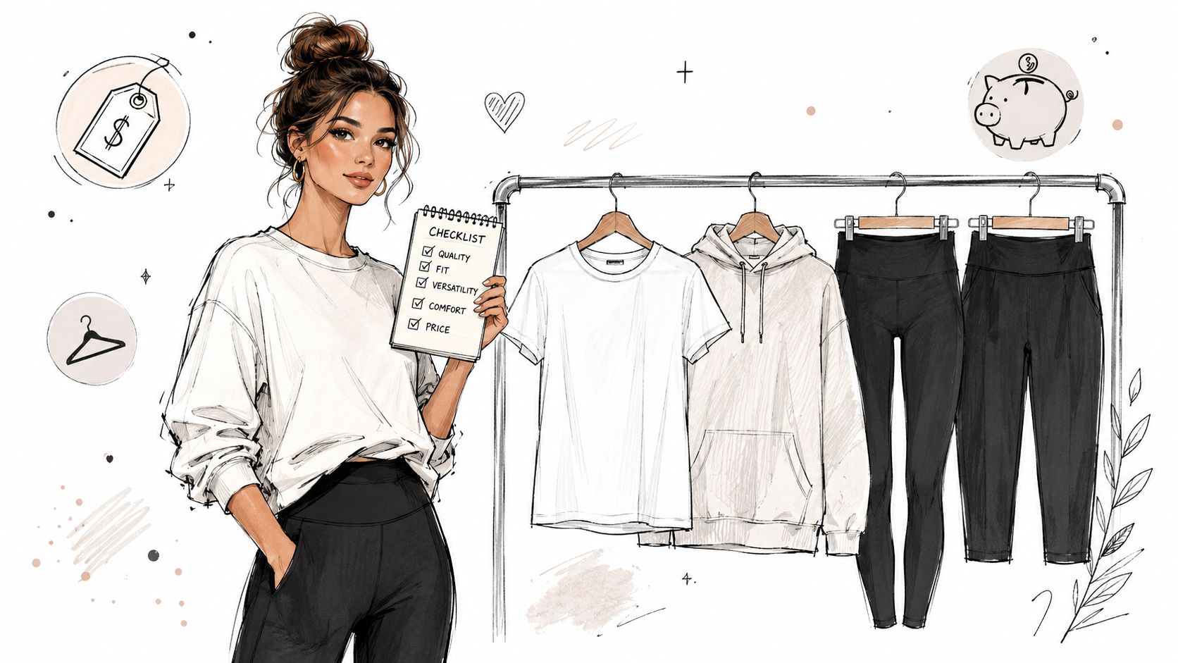 A stylish woman holding a checklist standing next to a clothing rack with basic wardrobe essentials.