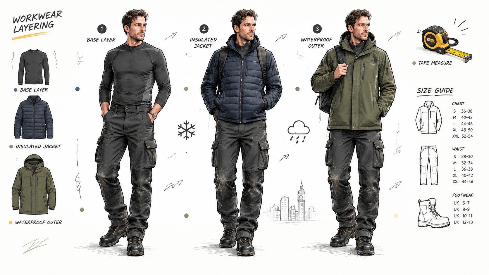 A diagram illustrating the three-layer workwear system for men including base layer, insulated jacket, and waterproof outer shell.