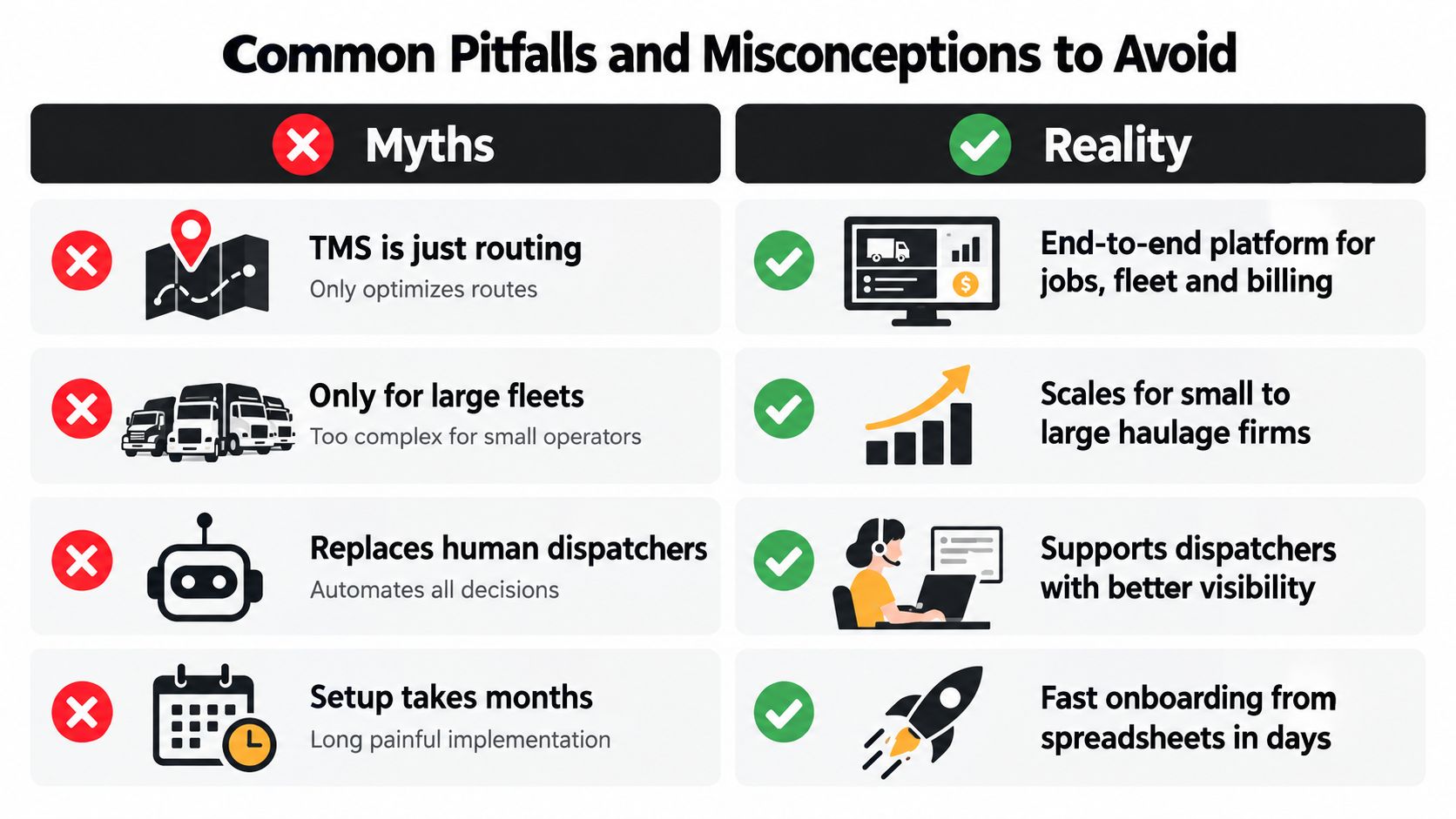 A comparison chart showing common myths versus reality regarding transportation management system software benefits and misconceptions.