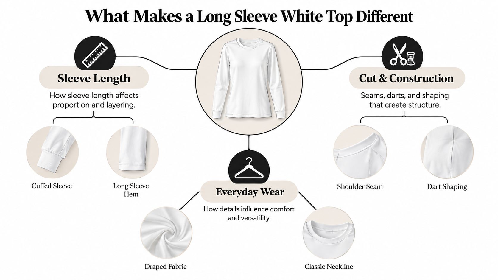 A diagram illustrating design factors that distinguish long sleeve white tops, including sleeve length and construction details.