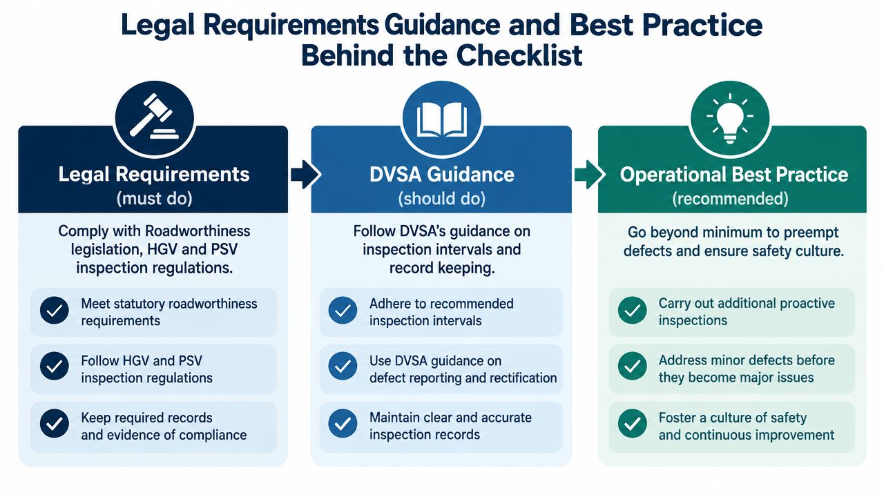 A flow chart illustrating legal requirements, DVSA guidance, and operational best practices for vehicle safety inspections.