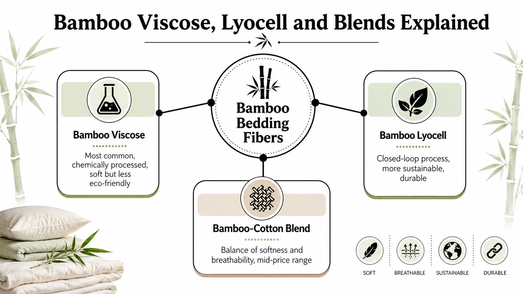 An infographic explaining the differences between bamboo viscose, bamboo lyocell, and bamboo-cotton blend bedding materials.