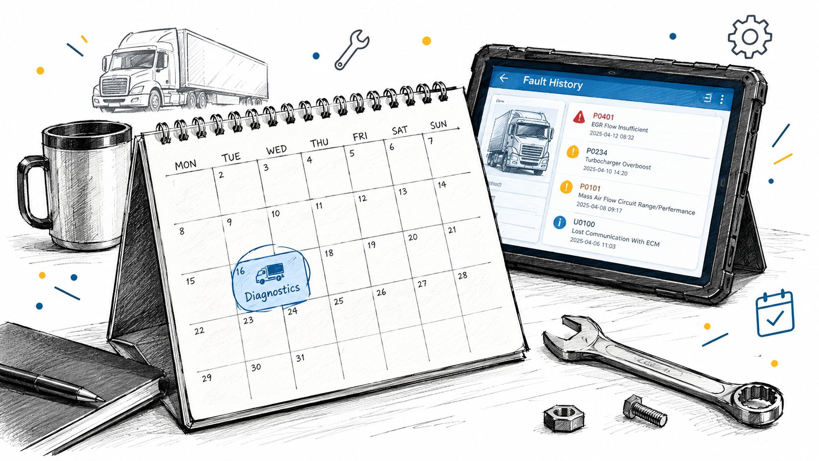 A digital tablet displaying truck engine fault codes alongside a calendar marked for vehicle diagnostics and tools.
