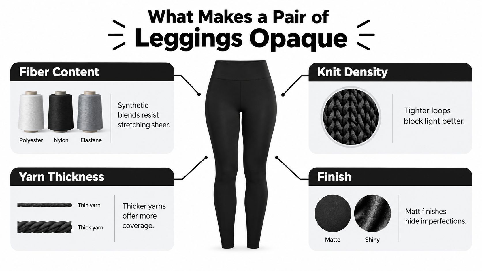 An infographic showing four key factors that make women's leggings opaque, including material, knit density, and finish.
