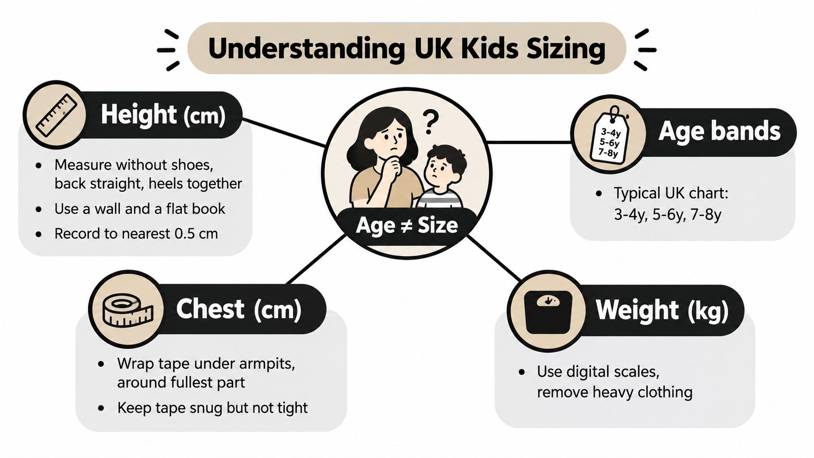 An infographic explaining how to measure children for UK clothing sizes using height, chest, and weight.