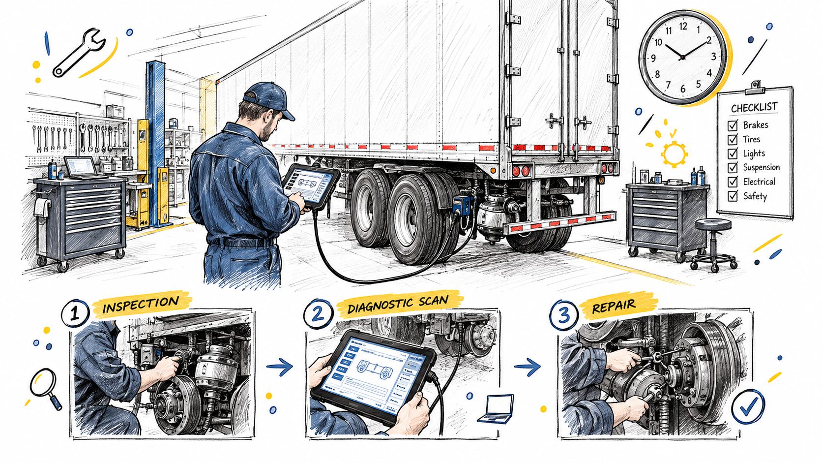 A technician performing a professional diagnostic and repair service on a semi-trailer in a maintenance workshop.