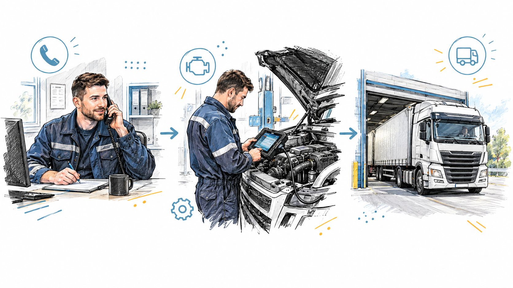 A service process showing a mechanic receiving a call, diagnosing an engine, and releasing a repaired HGV truck.