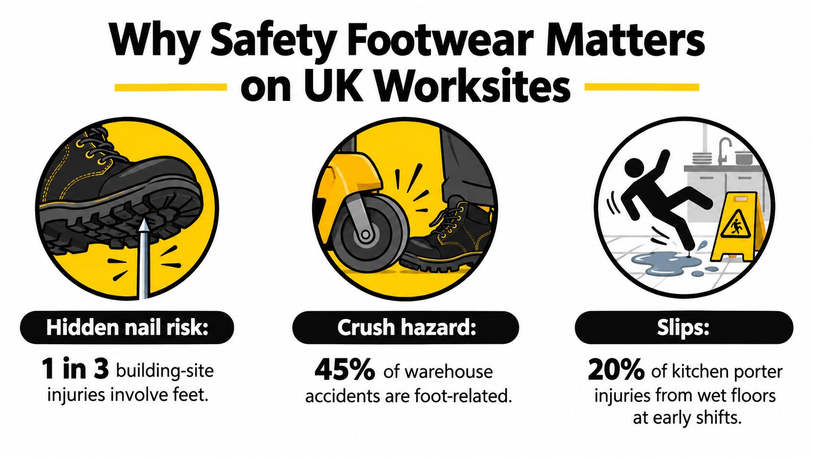 An infographic highlighting the importance of safety footwear in various UK worksites to prevent common injuries.