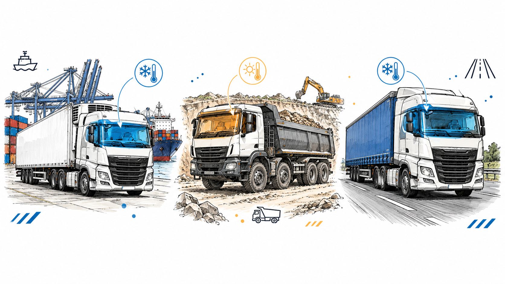 A digital illustration showing three different types of heavy goods vehicles equipped with climate control systems.