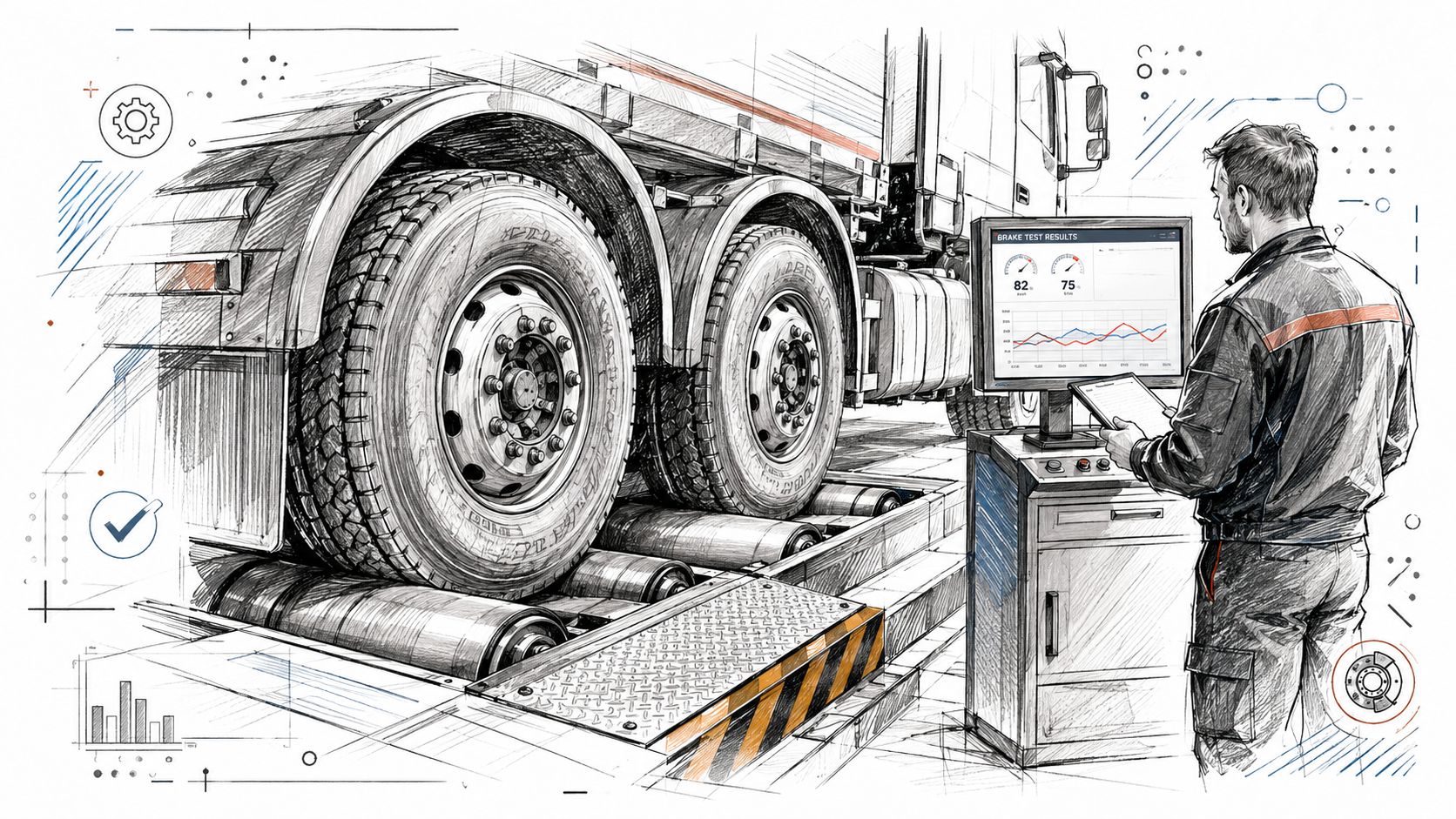 A technician performing a brake test on a heavy goods vehicle using diagnostic equipment in a workshop.