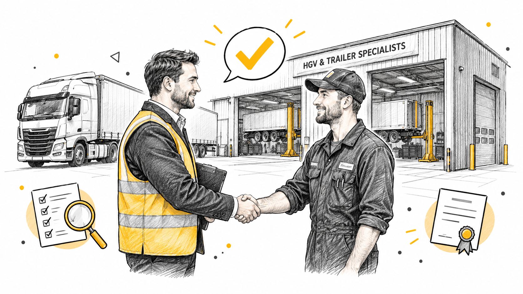 A professional truck technician shaking hands with a transport manager outside a vehicle workshop for HGV trailer maintenance.