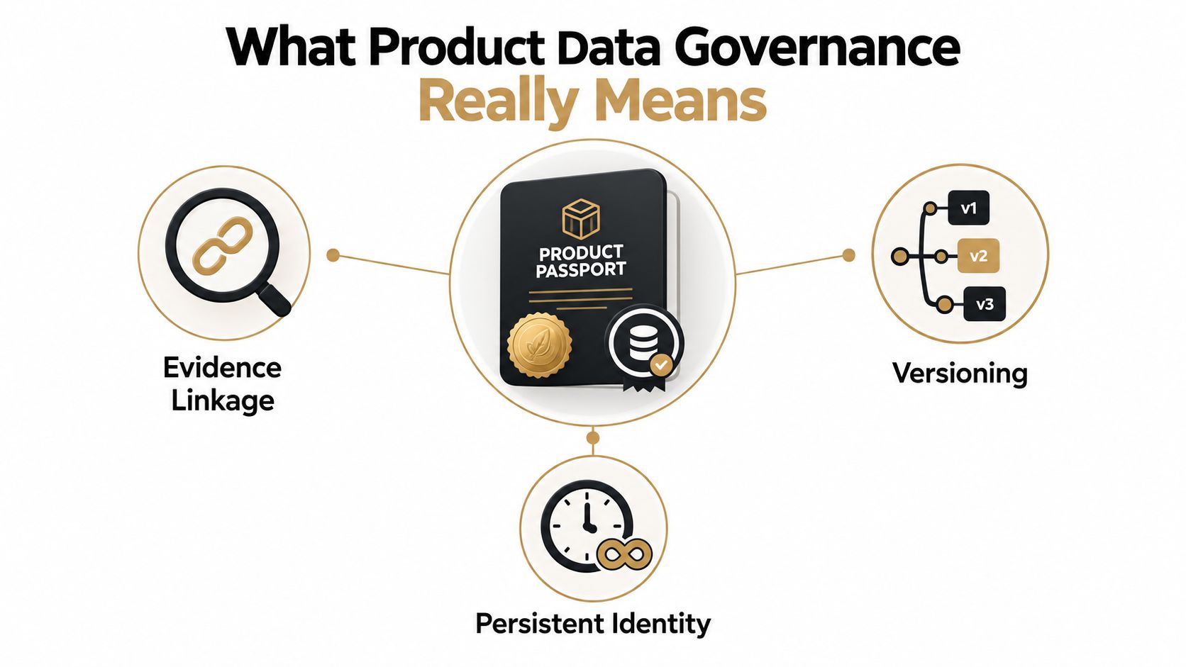 A diagram illustrating product data governance components including evidence linkage, versioning, and persistent identity for product passports.