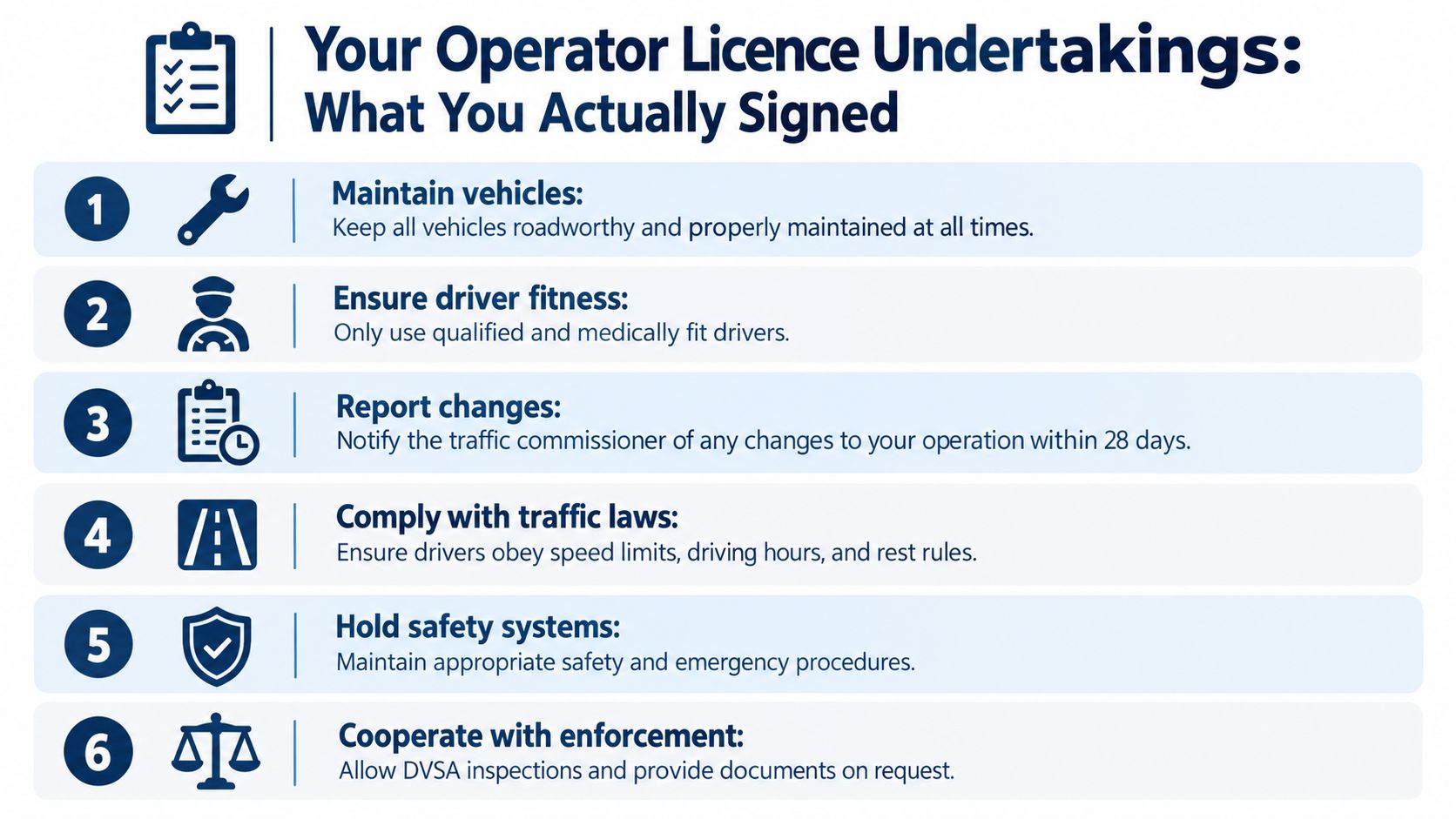 An infographic titled Your Operator Licence Undertakings outlining six key responsibilities for maintaining a transport operator licence.