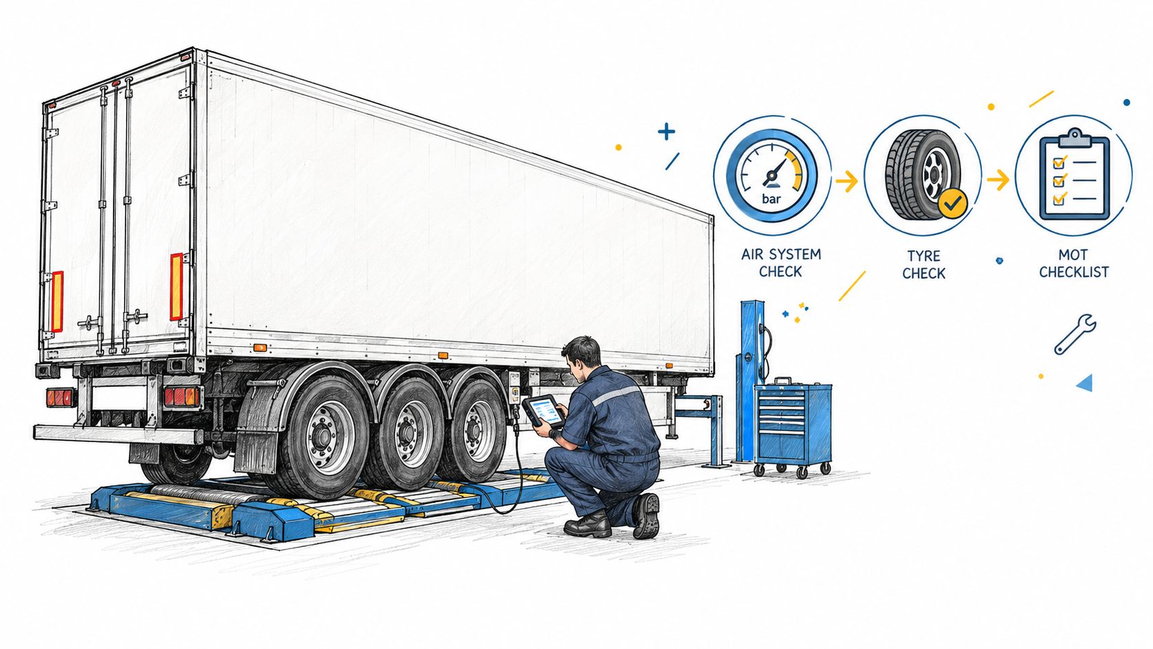 A technician performing a maintenance inspection on a commercial trailer using diagnostic tools for MOT compliance.