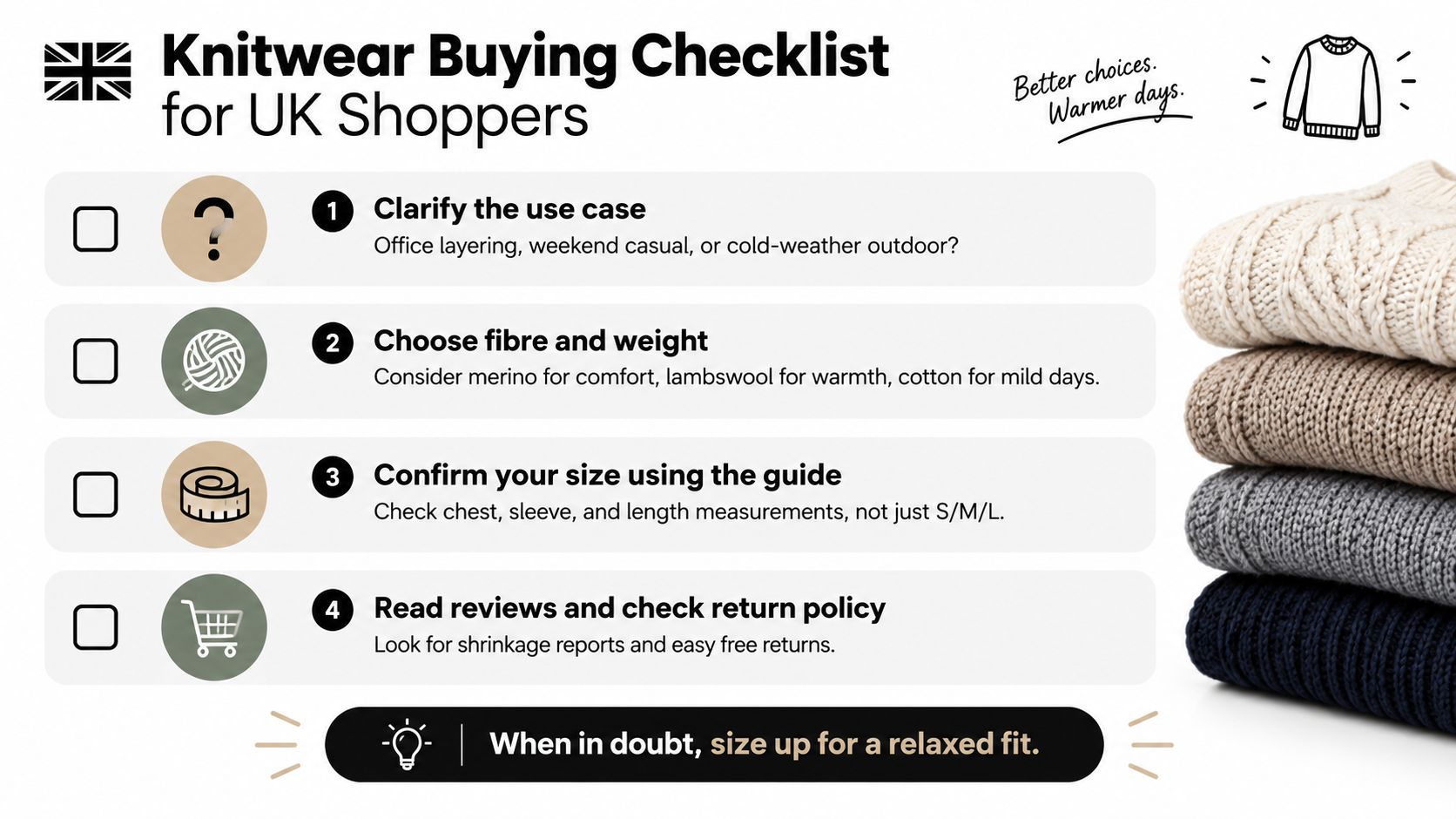 A checklist for buying knitwear in the UK, featuring four numbered steps for selecting quality sweaters.