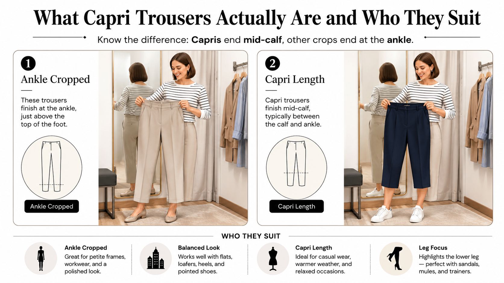A fashion infographic comparing ankle cropped trousers and capri length trousers with styling tips for women.