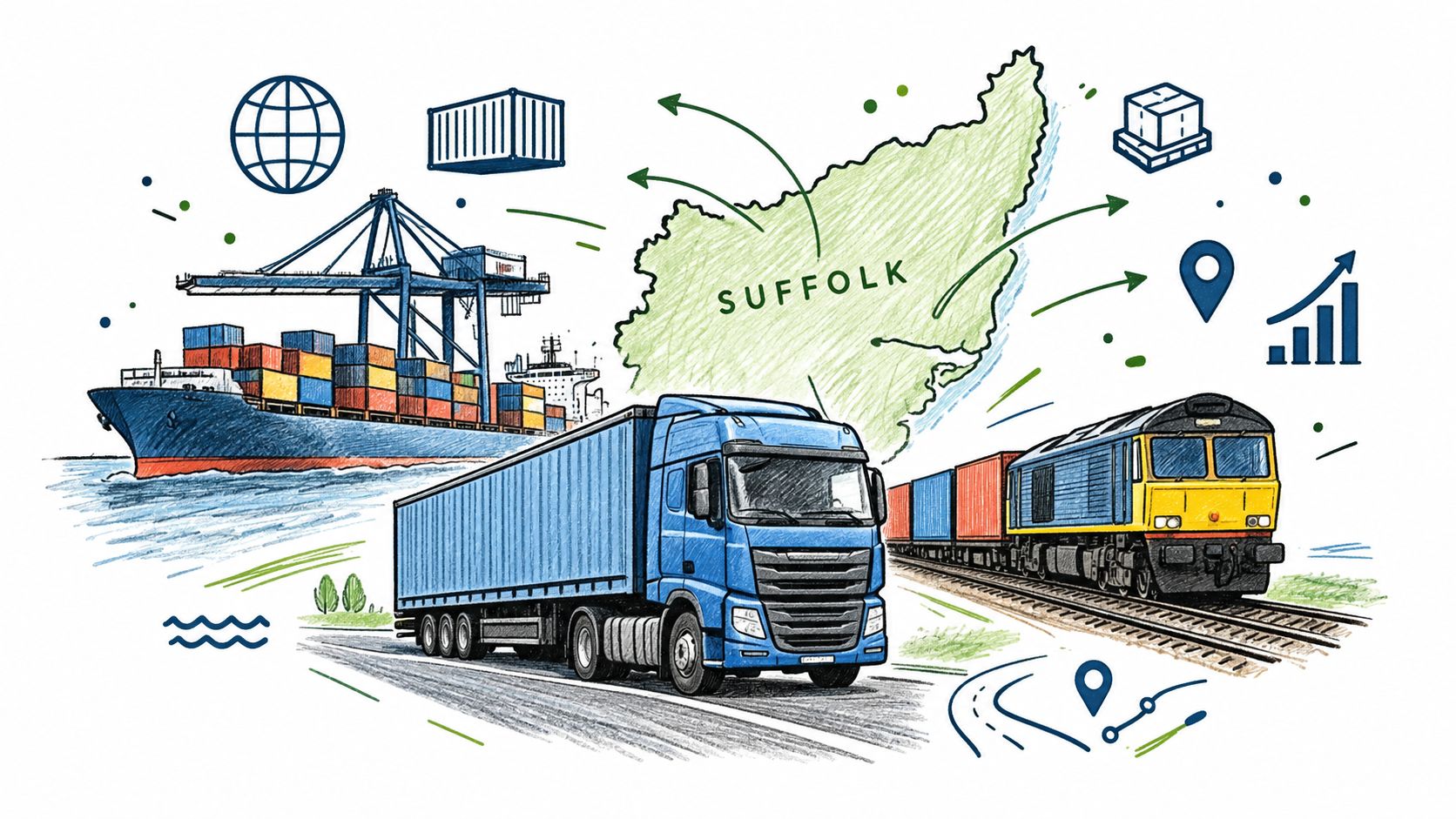 A conceptual illustration showing global logistics, a cargo ship, a lorry, and a train serving Suffolk.