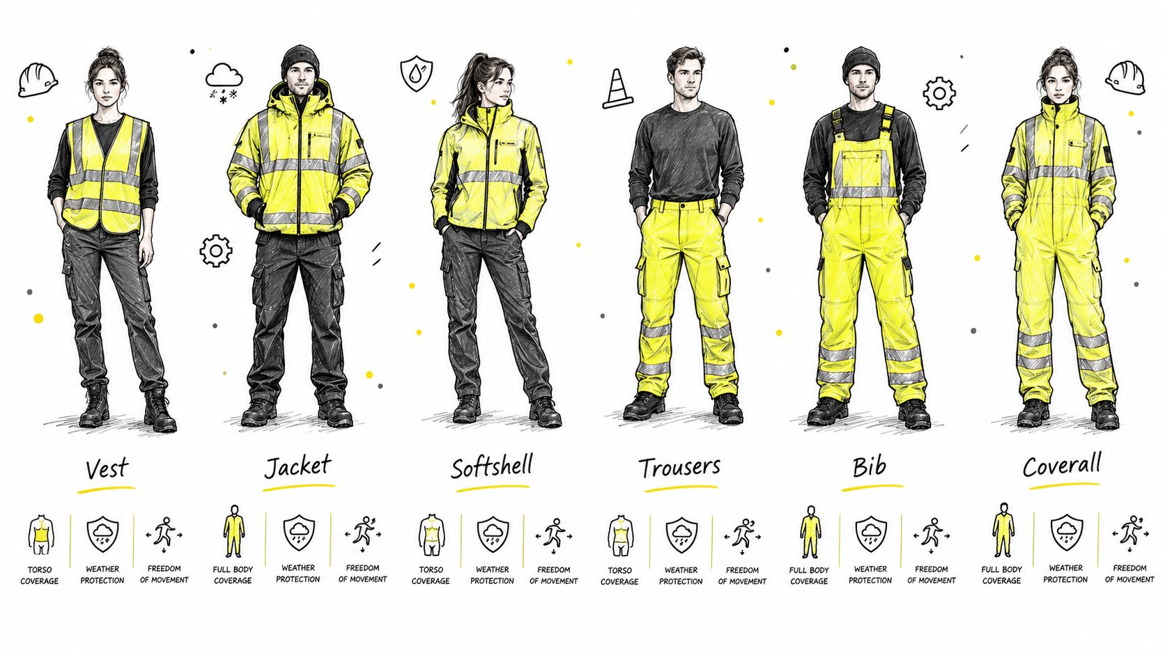 A selection of hi-vis safety workwear including vests, jackets, softshells, trousers, bibs, and coveralls for workers.